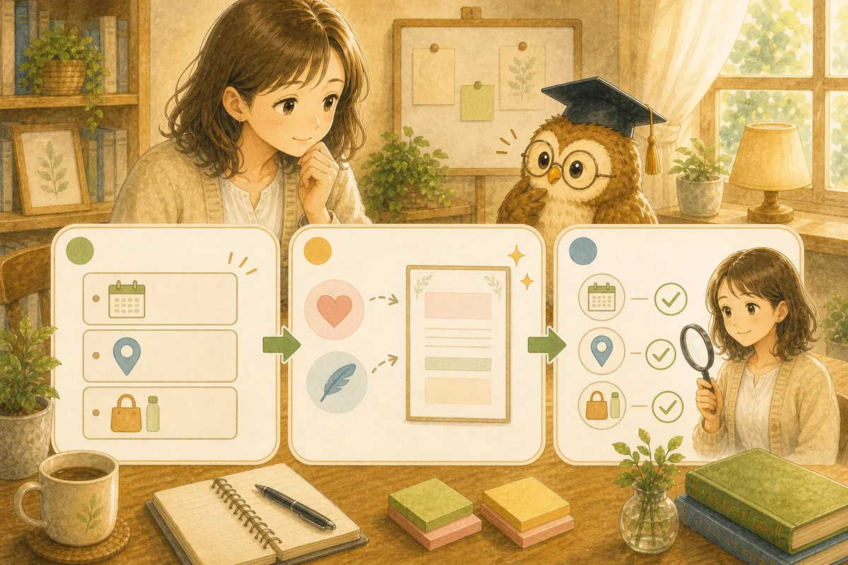 用件は箇条書き・トーンは言葉で頼める・日付と持ち物は自分で確認、という今日のポイント