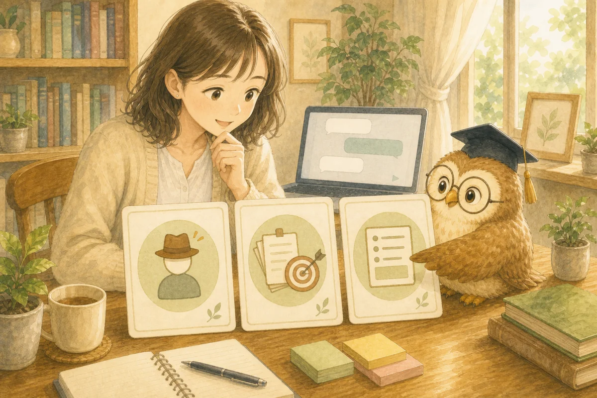 だれに＝AIの役割・何を＝材料と目的・どんな形で＝出し方、という今日のポイント