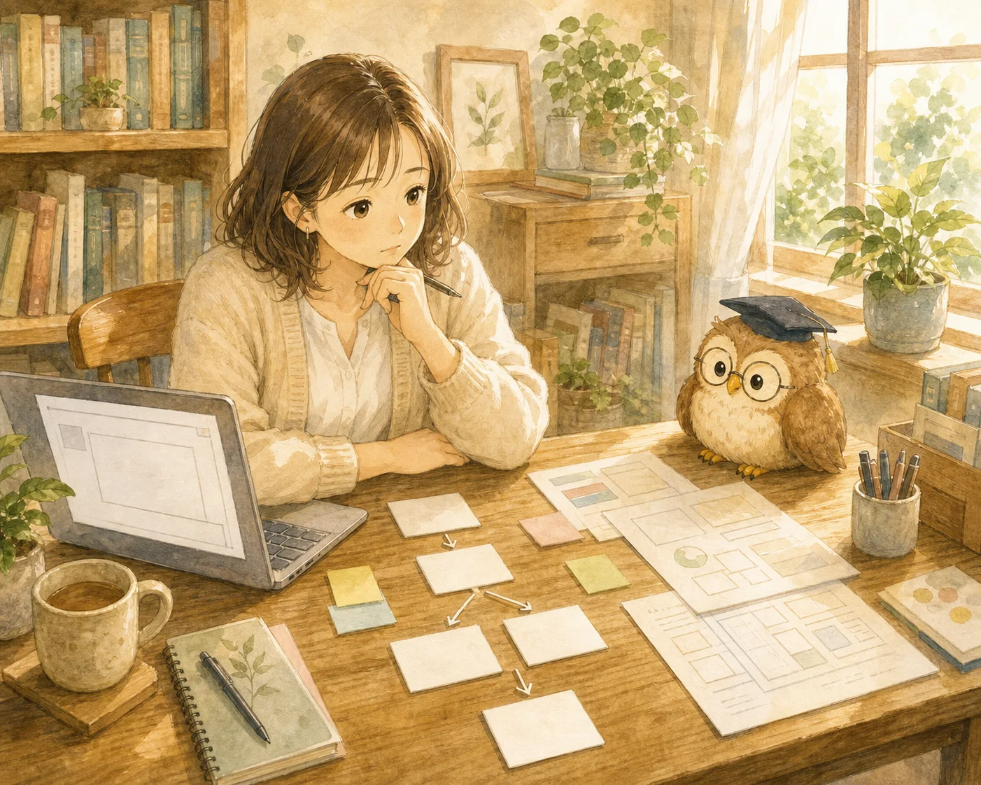 白紙の資料を前に、どこから書けばいいか迷っている主人公
