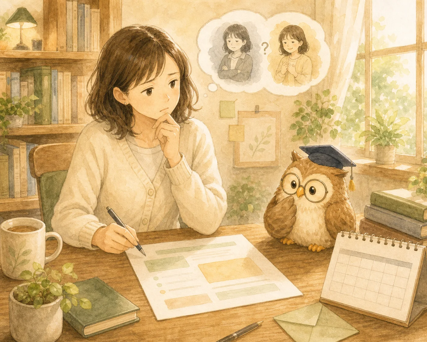 保護者へのお知らせ文を前に、言い方に迷っている主人公