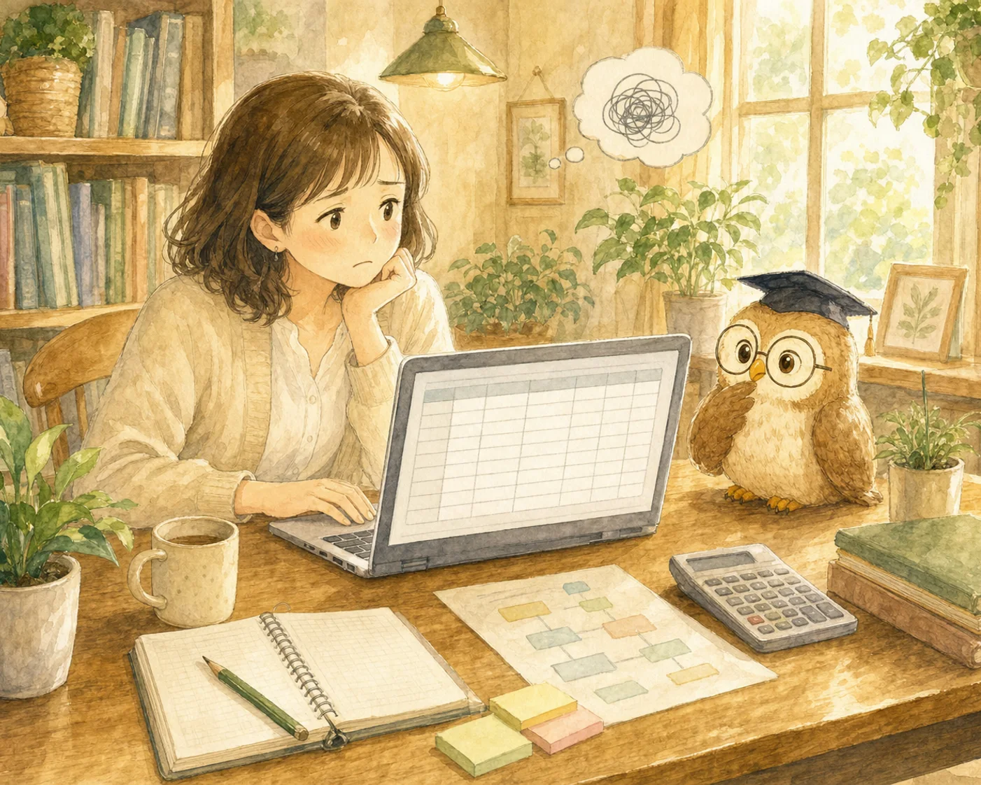 Excelの画面を前に、どの数式を使えばいいか分からず困っている主人公
