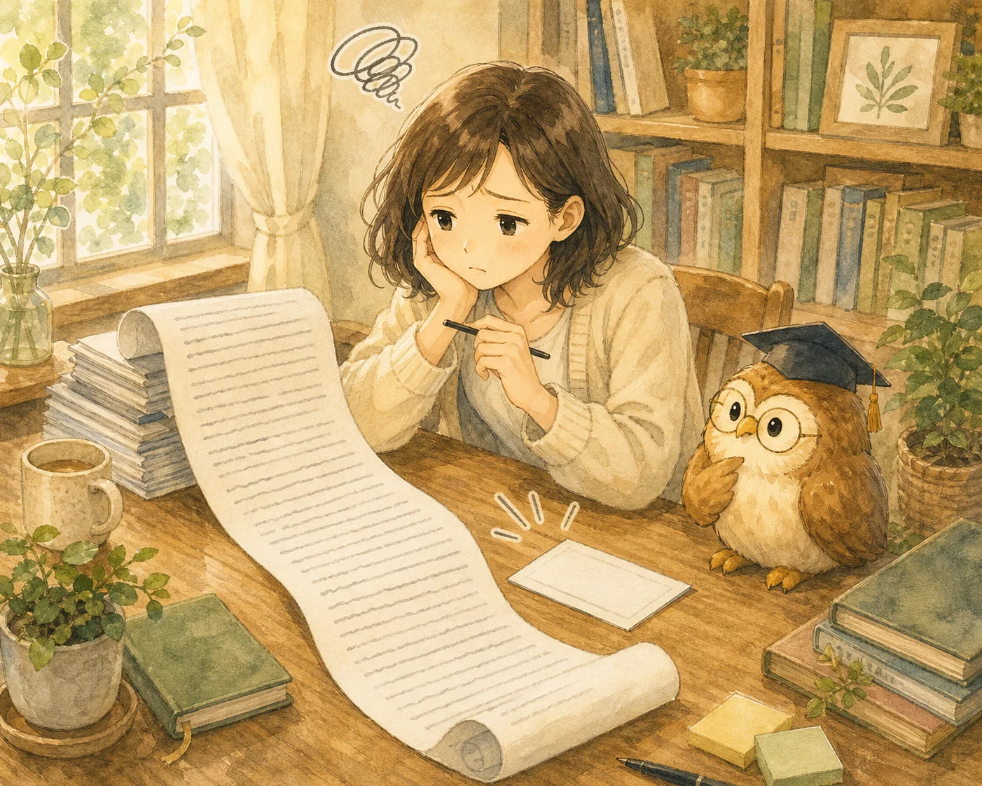 長くなった自分の文章を見て困っている主人公