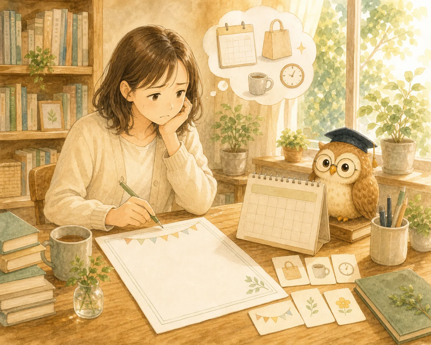 行事の案内文を前に、書く項目の抜けを心配している主人公