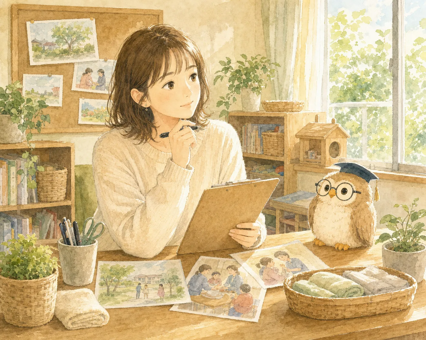 連絡帳を前に、その子の良い様子をどう言葉にすればいいか悩んでいる主人公