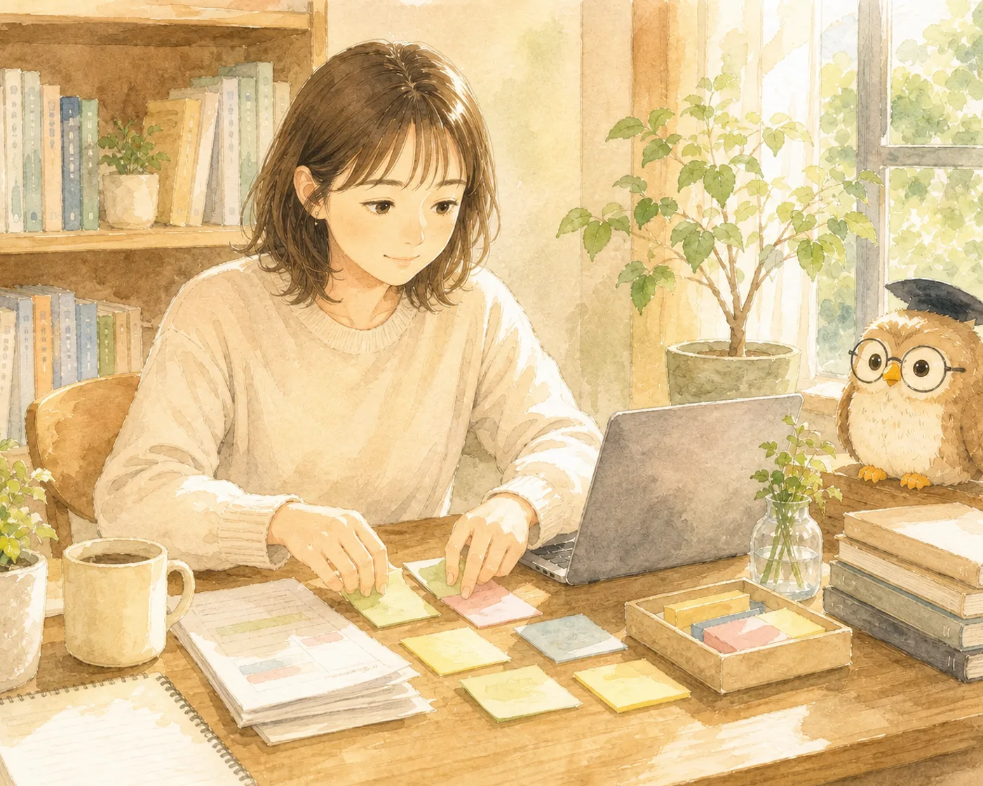 頭の中のもやもやがつかめず、机の前で考え込んでいる主人公